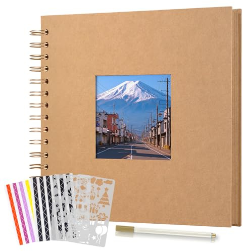 Boic Álbum de Fotos 21x21cm Scrapbook con Ventana, DIY Espiral Álbum de Recortes para Pegar y Escribir 40 Páginas, Regalos de Boda Aniversario Cumpleanos (Caqui)