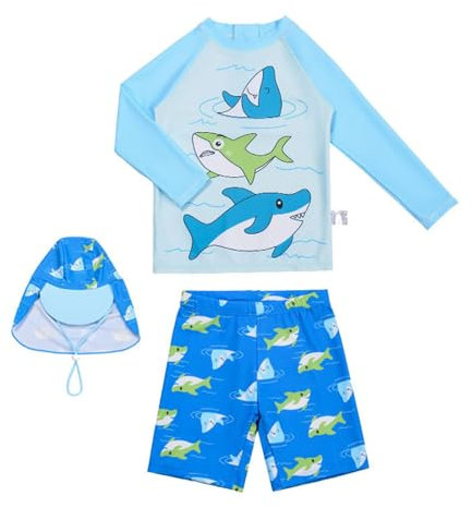 Generisch Badeeinteiler Jungen 3-teiliges Badeanzug-Set für Babys und Kleinkinder, Jungen, langärmelig, Rashguards, Bademode mit Sonnenhut, LSF 50+ Badekleidung Kleinkind (Sky Blue, 12-13 Years)