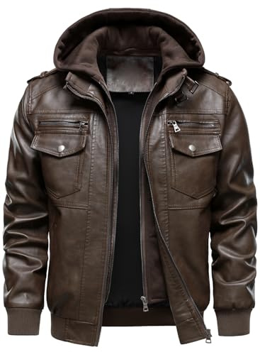 HOOD CREW Men's Faux Leather Hooded Jacket Motorcycle Jackets Water Repellent Windproof PU Moto Vintage Bomber Hoodie Coats Coffee XL