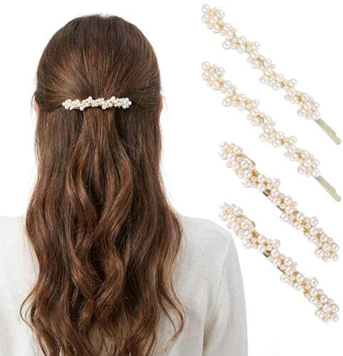 Thinp 4 Pcs Pearl Hair Clips, French Pearl Barrettes for Women Elegant Pearls Bobby Pins Cute Pearls Hair Pins Sweet Hairs Accessories for Wedding Birthday Prom Party Styling (Gold)