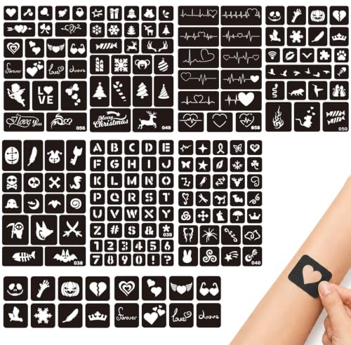 Pochoir Tatouage 7 Feuilles 171 Pièces – Stencil Tatouage Transfert, Pochoirs de Temporaire, à Paillettes pour Enfants et Adultes, Idéal pour Fêtes, Noël, Halloween