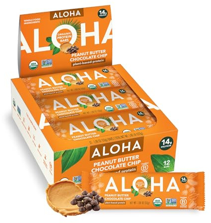 ALOHA Organic Plant Based Protein Bars |Peanut Butter Chocolate Chip | 1.98 Oz (Pack of 12) | Vegan, Low Sugar, Gluten Free, Paleo, Low Carb, Non-GMO, Stevia Free, Soy Free, No Sugar Alcohols