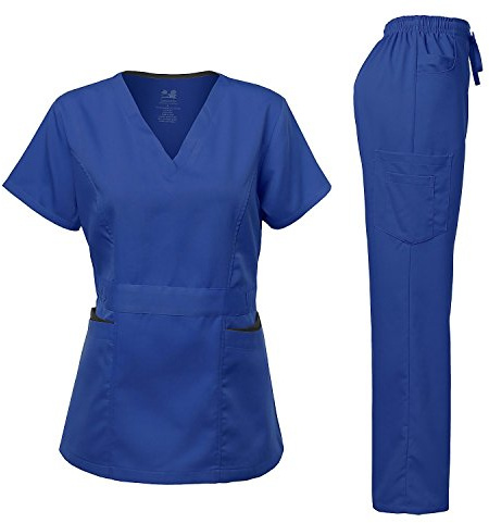 Dagacci Medical Uniform Women's Scrubs Set Stretch Contrast Pocket Royal XL