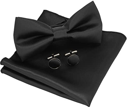 JEMYGINS Einfarbig Fliege und Einstecktuch mit Manschettenknöpfe Sets für Herren,Schwarz