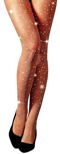 MengPa Women's Fishnets Sparkly Tights High Waist Rhinestone Stockings Party Thigh High Pantyhose (Small Hole-Nude) US2466K