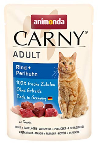 animonda Carny Katzenfutter nass Rind + Perlhuhn, 12 Portionsbeutel (12 x 85g), getreidefreies Katzen Nassfutter ohne Zucker, mit frischen fleischigen Zutaten
