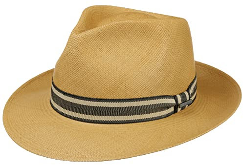 Stetson Jovisco Bogart Panamahut Damen/Herren - Made in Ecuador - Handgefertigt - Aus 100% Panamastroh - Traditionelle Handarbeit - Mit gestreiftem Garniturband - Frühjahr/Sommer Natur L (58-59 cm)