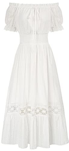 SCARLET DARKNESS Damen Viktorianische Kleider Puffärmel Gesmokte Taille Sommer Lässiges Maxi Rüschenkleid Beige M