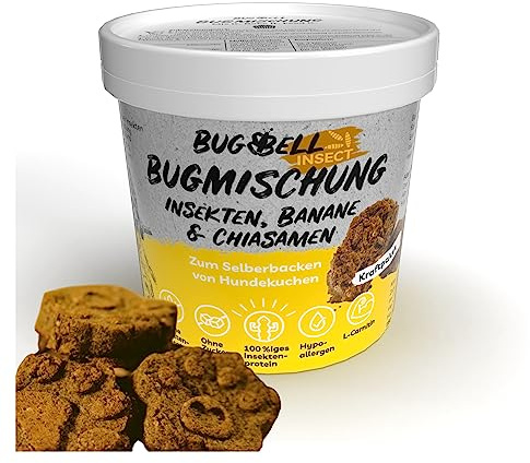 8 x 100 g BugBell Bugblandning, bakblandning för egen bakning av hundkakor, banan & chia & laxolja & L-karnitin för ett aktivt hundliv, godsaker utan spannmål och socker, för vuxna och valpar