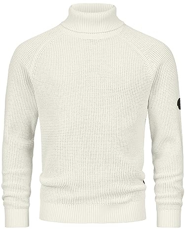 Indicode Herren INHarlan Fein-Strickpullover aus Baumwolle mit Rollkragen und RIPP-Bündchen White Asparagus, L