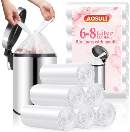AOSULI Bin Liners 6L-8Liter Small Bathroom Pedal Bin Bags with Tie Handles, AOSULI Mini Trash Bags,110 Clear and White Liners…