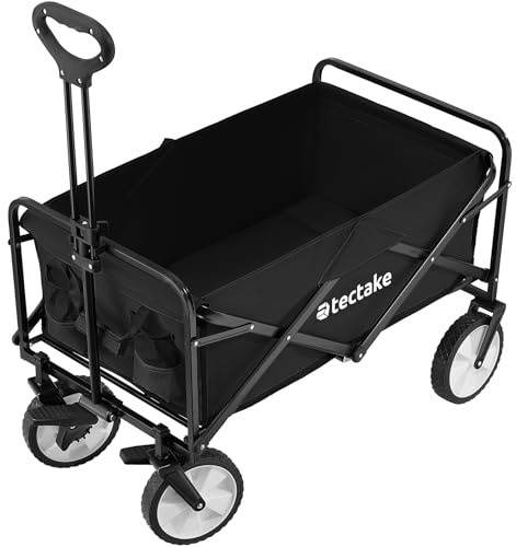 tectake® Hopfällbar Skrinda med Bromsar, Transportvagn Stor Lastvolym, Smal Rullvagn Stålram, Dragvagn Hopfällbar, Justerbart Ergonomiskt Teleskophandtag, Slitstarkt Tyg, Inkl. Bärväska - Svart