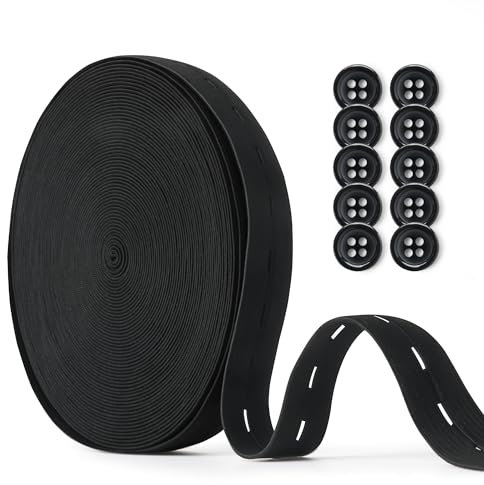 LeisuDay 15 Meter 20mm Gummiband mit knopflöchern - Stark Elastisches Lochgummiband Lochgummi Matschhose Knopfband Gummiband zum Nähen, Stricken und Basteln (Schwarz)