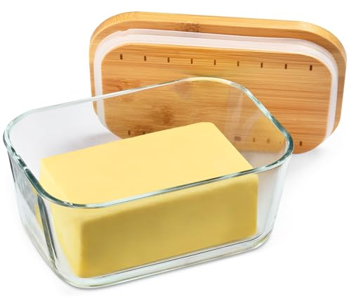 HEKEIEON Glass Butter Dish With Bamboo Sealed Lid - Large Tray for Refrigerator and Outdoor Use,Butter dish glass,Glass Butter Keeper,Keep butter fresh - Dishwasher Safe