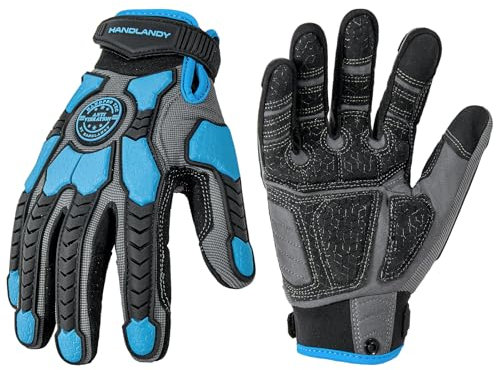 HANDLANDY Anti-Vibrations-Handschuhe Männer Stoßfeste Arbeitshandschuhe, gepolsterte Handfläche Grip Heavy Duty Arbeitshandschuhe (Blau, M)