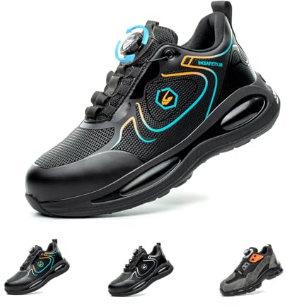 AiryMotion Scarpe Antinfortunistiche Uomo Donna Leggere Traspiranti Sneakers Antiscivolo Scarpe Sicurezza con Punta in Acciaio RegolazioneRapida della Manopola BlackGreen43EU