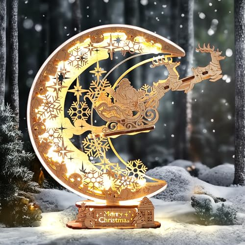 FUNPOLA LED 3D Wooden Puzzle Christmas Night Flight Moon Lamp, DIY Craft Kit Festive Nightlight for Holiday Décor, Unique Christmas Gift for Adults and Kids,White