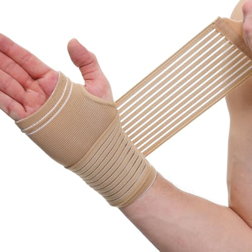 NEOtech Care - Supporto per palmo della mano - fessura per pollice - fascia di compressione regolabile - tessuto elastico e traspirante - per sport, bowling, boxe (Beige, S, 1 Pezzo)