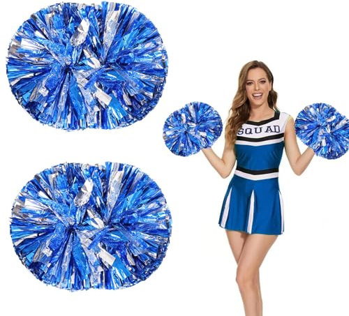 Yuqilin 2 Stücke Cheerleader Pompons，Metall Pompons Cheerleader Sportteams Pompoms Cheerleading mit Griff Pompons Cheerleading，für Tanzen Pompon Sport Wettbewerb Teamgeist（Silber+Blau）