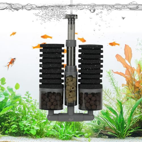 AQQA Aquarium Sponge Filter, Dual Sponge Ultra Quiet Fish Tank Filter with Multi-Stage Filtration, 360° Adjustable Outlet, 2 Bags of Ceramic Balls and 1 Bag of Ceramic Rings