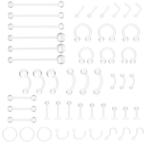 Tucnoeu 48pcs Piercing Set Transparent Acryl Piercing Nasenring Nasenstecker Lippenring Septum Augenbraue Zunge Industrial Piercing Acryl für OP Schmuck Kit