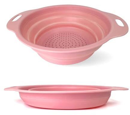 Lizzy Pastel Collapsible Colander | Drain Basket Silicone Strainer Collapsing Food Sieve Foldable Draining Bowl for Pasta Vegetable Fruit Washer Folding Kitchen (Blush Pink)