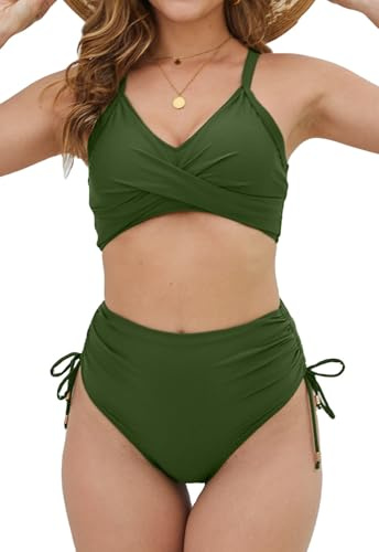 CheChury Maillot de Bain Femme 2 Pièces Taille Haute Push Up Bikini Set Col en V Vintage Bikinis Gainant Ventre Plat Maillots Deux Pièces Réglable Bikini 2 Pieces Rembourré Maillot de Bain Swimwear