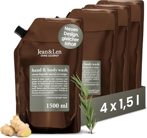 Jean & Len Lavamani e Corpo Rosmarino e Zenzero in confezione di ricarica, deterge e cura la pelle, pratico set, fragranza fresca e speziata, sapone liquido, senza siliconi e parabeni, 4 x 1,5 litri