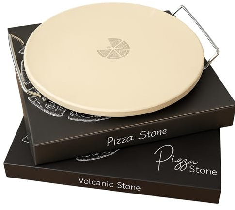 Pizzastein 30 cm rund mit Griffen – für Ofen & Grill – Pizza wie aus dem Steinofen – inkl. Edelstahl-Griffe & Geschenkverpackung, Backstein für knusprige Pizza