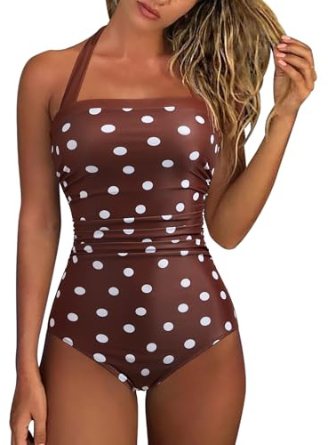 RXRXCOCO Womens Tummy Control Swimwear Halter Neck One-Piece Swimsuits Padded Swimming Costume