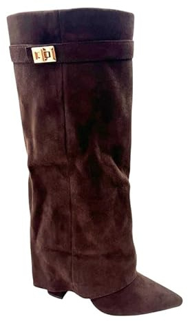 sole london LADIES Women's KNEE HIGH Fold Over Buckle Fashion Zip Pointed Block Heel Boots – Stylish Ruched Design – Comfortable Mid-Block Heel (4 INCH)– Faux Leather & Faux Suede_CHOCOLATE 5