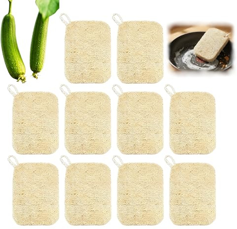 Lote de 10 esponjas naturales de Loofah Bio 9 x 14 cm, esponjas ultraabsorbentes y antimanchas para cocina, baño y ducha, exfoliación suave, ecológica y reutilizable
