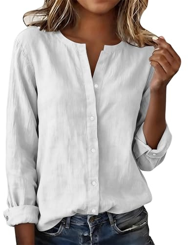 Womens Linen Shirts Long Sleeve Summer Casual V Neck Shirts Ladies Blouses Dressy Casual Button Down Tunic Tops Solid Color Comfy Soft Lounge Loose Office Work Trendy Blouse Going Out