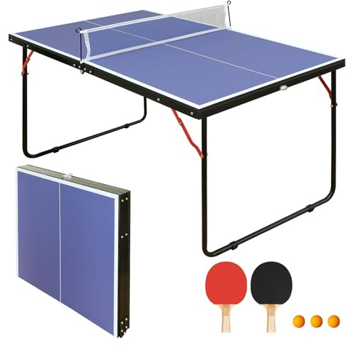 Mini bordtennisbord hopfällbar 137 x 76 cm – kompakt bordtennisbord inomhus och utomhus med nät, 2 racketar och 3 bollar – bärbart ping pongbord för lägenhet, kontor och trädgård – blått