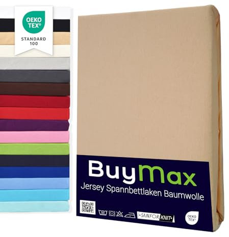 Buymax® Spannbettlaken 160x200cm Baumwolle 100% Spannbetttuch Bettlaken Jersey, Matratzenhöhe bis 25 cm, Farbe Sand