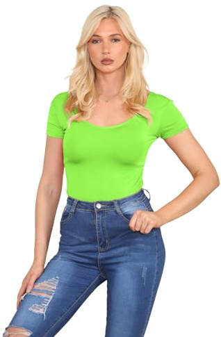 Hamishkane Bodysuits, rund hals trikå, kortärmad kroppsdräkt, stretch kroppsdräkt för kvinnor Storbritannien, doppad kroppsdräkt, t-shirt topp body passar kvinnor, NEONGRÖNT, 8-10