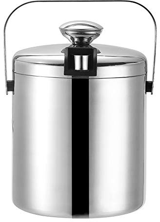 Homeanda - Contenitore per il ghiaccio in acciaio inox con coperchio, pinza e colino, doppio isolato con maniglia per il trasporto (1,3 l)