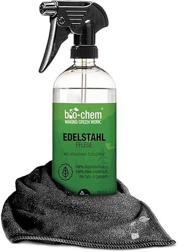 bio-chem Edelstahlreiniger - 750 ml inkl. Tuch - Pflegespray für Küche, Haushalt und Grill aus Edelstahl, Aluminium sowie Chrom - Edelstahlpflege für strahlenden Glanz