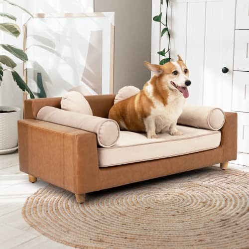 dCee Luxury Dog Sofa Bed, Luxury 42 Leather Pet Couch for Large Dogs, Washable Velvet Cushion, Sturdy Wooden Frame, Anti-Slip Design, Joint Support, Comfortable and Stylish for Pets Up to 160 Lbs