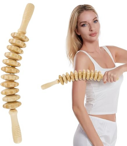 Vueinrg Faszienrolle Holz mit Griff Faszienstab Holz Massageroller Massagestab Faszien Cellulite Roller Wooden Massage Roller für Rücken Beine Nacken Körper (Holzfarbe, 41 cm)