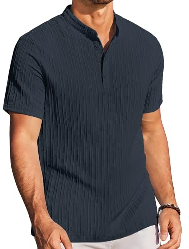 COOFANDY Men Casual Short Sleeve Henley Shirt Band Collar Summer Beach Textured Shirts Blueviolet XL