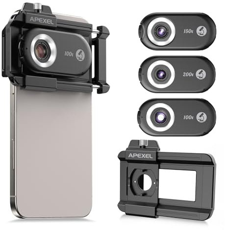 APEXEL 3-in-1 Phone Microscope Lens, PhoneMicro 5 Series 100X/150X/200X Phone Micro Lens for Android/iPhone with LED Light/CPL/Universal Clip, Phone Lens Attachment Mini Pocket Microscope Camera