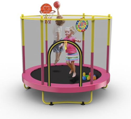 72 Trampoline for Kids with Net,6 FT Indoor & Outdoor Small Toddler Trampoline with Basketball Hoop & Dart Board for Ages 1-8, Birthday Gifts for Boys & Girls, Baby Toddler Christmas Toys Pink