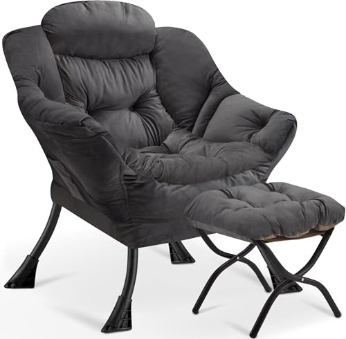 Armchair Living Room Comfy Armchair Reading Chair with Footstool Lazy Accent Chairs Bedroom Cuddle Chairs, for Living Room Bedroom Study Room Office, Dark Grey