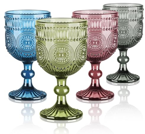 Joeyan 350ml Bicchieri acqua Vetro Colorati Calici,4 pezzi Bicchieri Decorati Vetro in Girasoli Rilievo,Vintage Calici Vino Rosso/Bianco per Cocktail aperitivo Liquore Grappa,Lavabile in Lavastoviglie