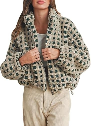 Felcia Women's Cropped Sherpa Fleece Jacket Stand Collar Chunky Preppy Plaid Zip Up Jacket Fall Trendy Streetwear (A-Green, M)
