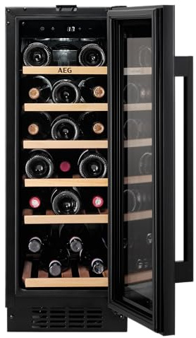 AEG 5000 Series Integrated Wine Cooler 82 cm / 20 Bottle Capacity Wine Fridge, AWS4020B5B, Single Zone 5-18 °C, Black Glass Door Light-protecting, LED Illumination and Wooden Shelves, 40 dB