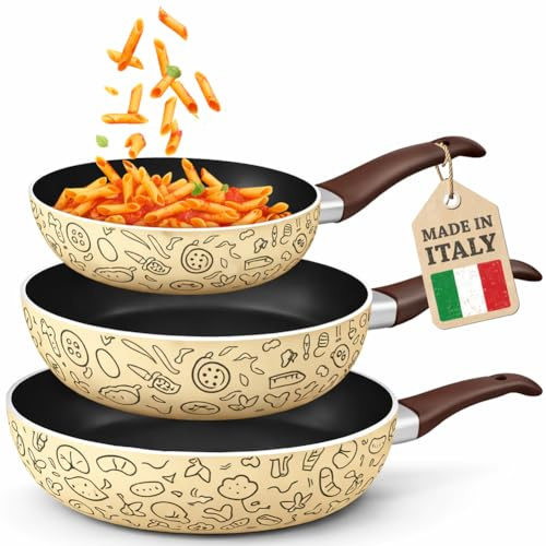 BAKAJI Tris Padelle Pastella da 20-24 - 28 cm con Fondo Antiaderente Cottura Uniforme e Omogenea, Manico Soft Touch, Padella Ideale per Cucinare Rapidamente, Adatto a Piani Cottura Gas