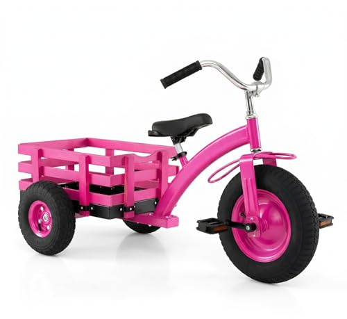 COSTWAY Kids Tricycle (Pink, 121 x 57 x 68-77cm, with Storage Basket)
