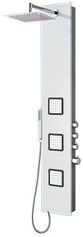 Duschpaneel Glas Weiß mit Thermostat & XXL Regendusche – Wellness Duschsystem mit Seitenbrausen & Handbrause, Aufputzmontage